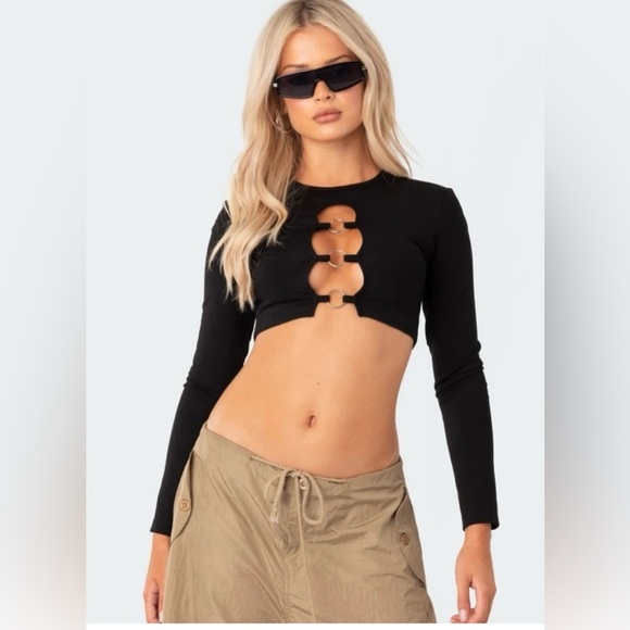 Edikted Patricia Open Ring Black Long Sleeve Crop Top Size Small - Picture 1 of 10